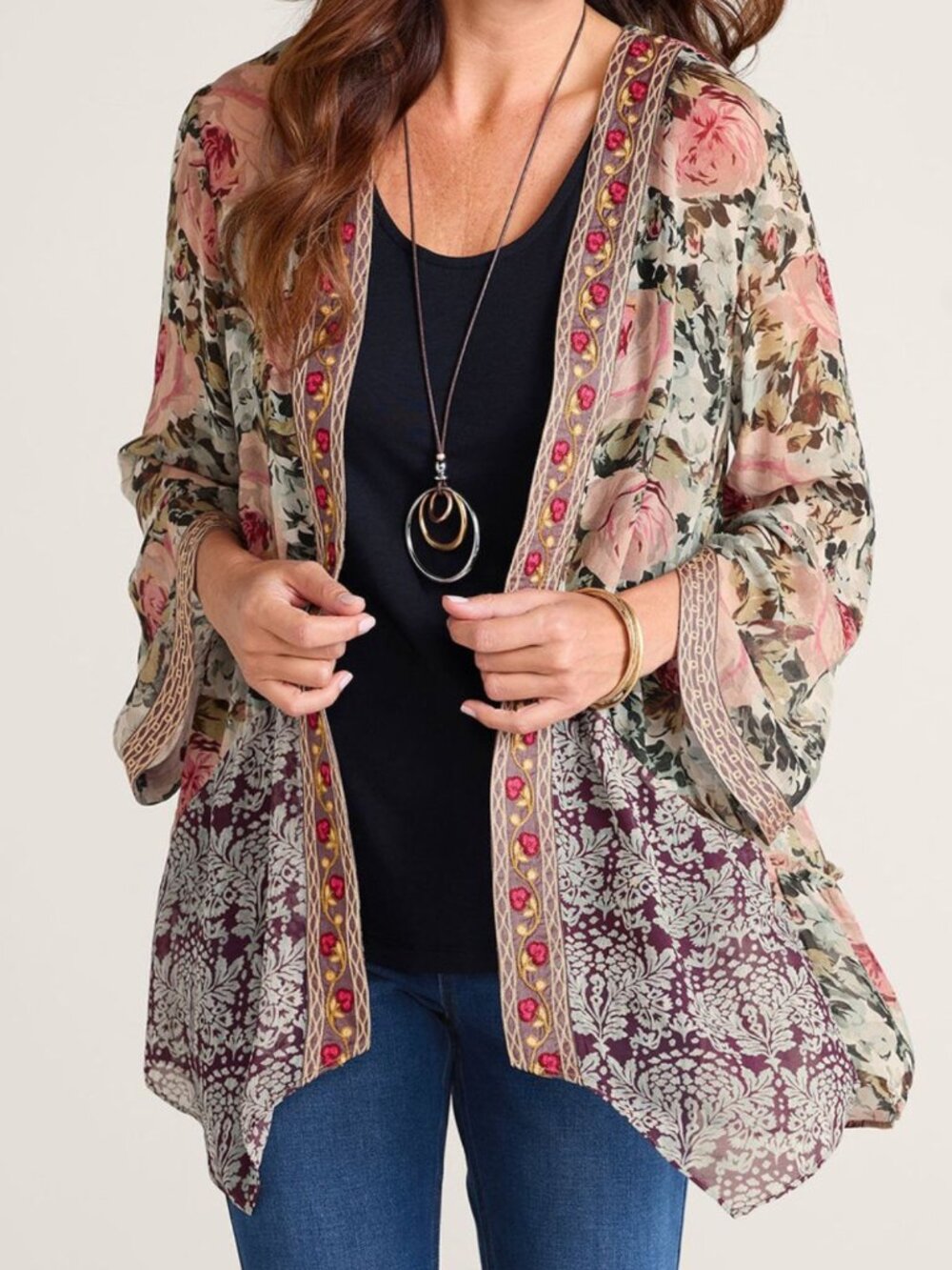 Soft Surroundings Embroidered Floral Sheer Kimono Topper Size Large 54996 - Picture 2 of 15